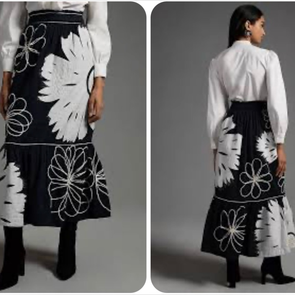 ANTHROPOLOGIE MAEVE TIERED FLORAL SKIRT BLACK & WHITE SIZE S NWT